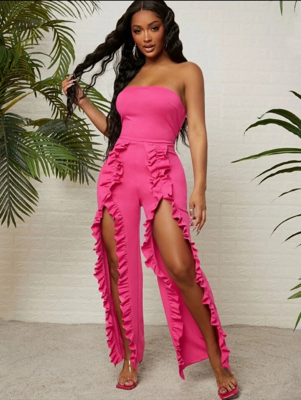 Strapless Ruffle Split-Leg Jumpsuit in Hot Pink
